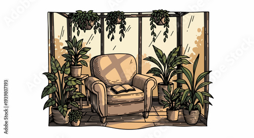 Sunroom corner with armchair book and multiple potted plants