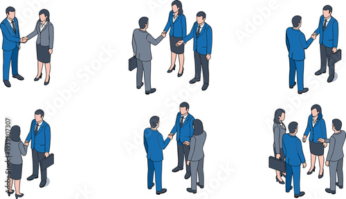 Isometric business people shaking hands and networking set with professional men and women in suits for corporate partnership teamwork and successful meeting concept