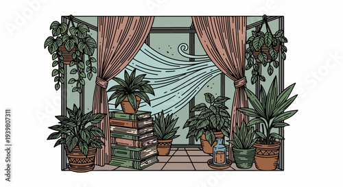 Window nook with curtains, houseplants, stacked books, and bottle candle