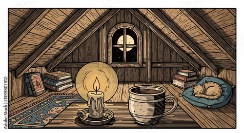 Attic room with candle, coffee mug, sleeping cat, books, and moonlit window