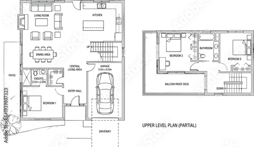Professional 2D floor plan of a two-story residential house with three bedrooms, integrated garage, and roof deck