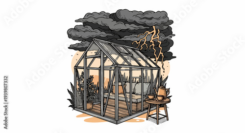 Glass greenhouse with interior seating under thunderstorm and lightning