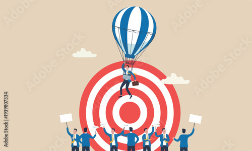 Differentiate outstanding concept, initiative businessman flying with balloon stand out from other same competitors.