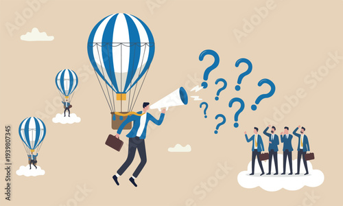 Differentiate,meeting initiative businessman flying with balloon stand out from other same competitors
