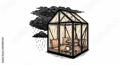 Small greenhouse seating area with rain cloud and cup on table