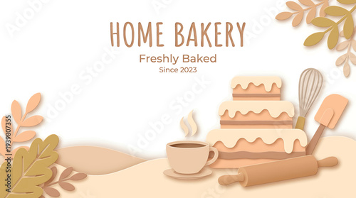 Homemade bakery scene illustration featuring delicious fresh cakes, warm beverages, and essential baking tools, perfect for small local businesses and artisan food establishments