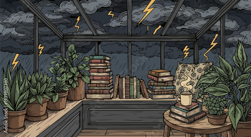 Greenhouse interior with books plants and lightning storm outside