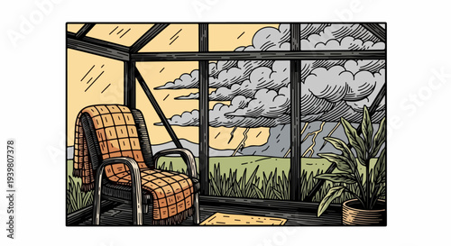 Glass conservatory with wicker chair and storm clouds