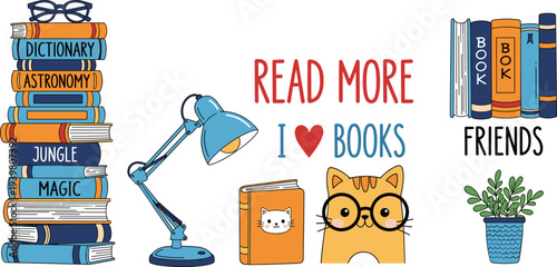 Cozy book lover collection with stacks of educational books desk lamp and cute cat in glasses for reading literacy and library education concept
