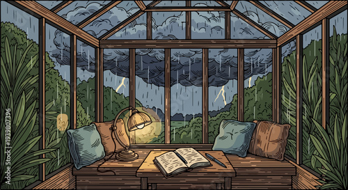 Symmetrical greenhouse seating with lamp books and lightning storm