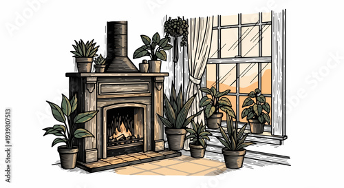 Fireplace and window with potted plants interior illustration