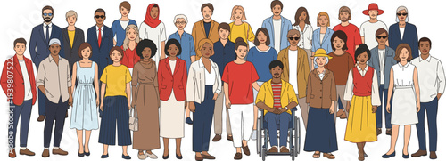 Large group of diverse multicultural people of different ages and backgrounds including person in wheelchair standing together for community inclusion and social diversity