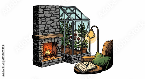 Stone fireplace with greenhouse extension armchair and floor lamp illustration