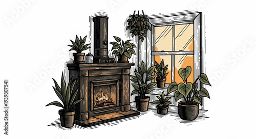 Wood stove fireplace beside window and potted plants illustration