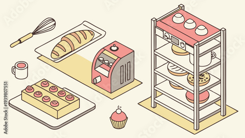Isometric Bakery Display with Fresh Croissant Doughnuts and Cupcakes for Cafe Menu Design and Food Industry Promotion