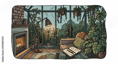 Conservatory lounge with fireplace armchair and large indoor plants illustration