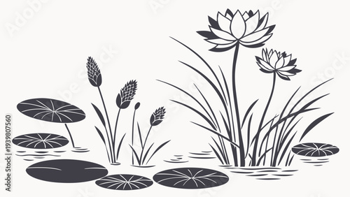 Elegant Black and White Lotus Water Lily Pond Illustration for Zen Spa Design Serene Garden Decor Calm Nature Graphic