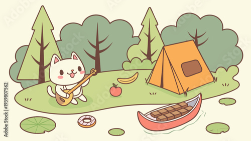 Cute Cat Musician Camping Outdoors Enjoying Summer Vacation Fun Adventure Relaxation for Children's Media Design