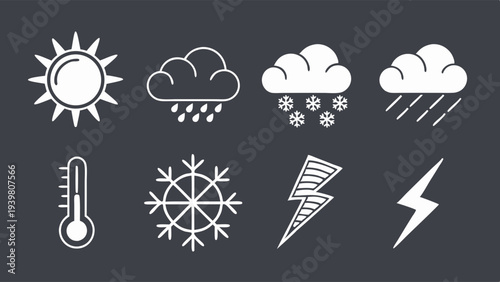 Weather Forecast Icons Set for Meteorology Apps UI Design Temperature Rain Snow Storm Thermometer Snowflake Lightning Bolt