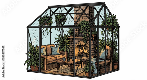 Glass greenhouse living room with fireplace sofa and armchair illustration