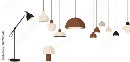 Minimalist Lamp and Lighting Icon Set Featuring Modern Desk Lamps, Pendant Lights, and Stylish Ceiling Fixtures in Neutral Tones