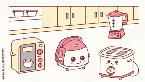 Cute Kawaii Kitchen Appliances Cartoon Collection for Home Decor Web Design Cafe Menu Backgrounds Joyful Cooking