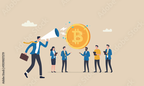 currency, businessman together expert explain blockchain technology on golden Bitcoin coin