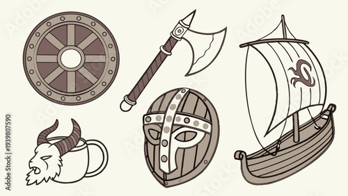 Viking Warrior Gear Set Axe Shield Helmet Ship Horn Mug for History Gaming Web Design Adventure Promotion