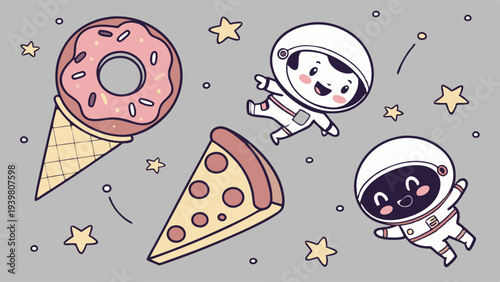 Cute Kawaii Astronauts Floating with Giant Pizza and Donut Ice Cream for Fun Food Web Design or Kids Party Promotion