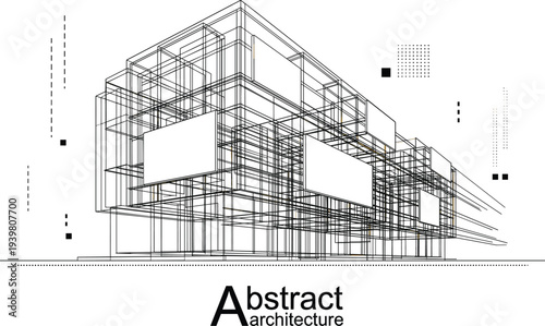Professional architecture wireframe of modular commercial building with technical callout symbols and integrated billboard facade display panels