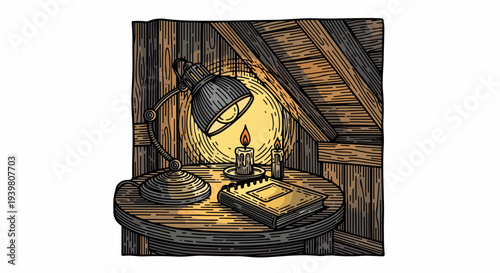 Wooden attic table with metal desk lamp candles and book illustration
