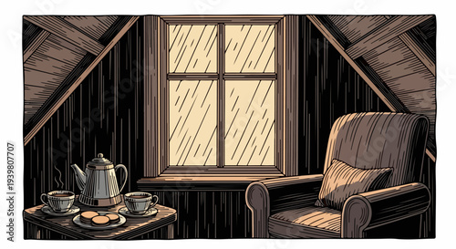 Attic room with armchair window and tea set on side table illustration