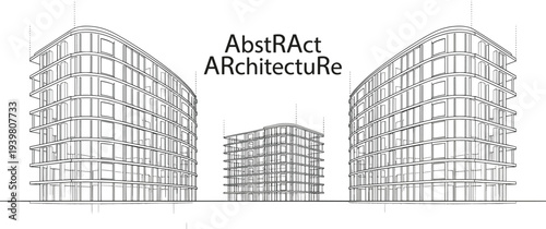 Professional architecture wireframe of three parametric office buildings in a symmetrical plaza layout with organic glass facades