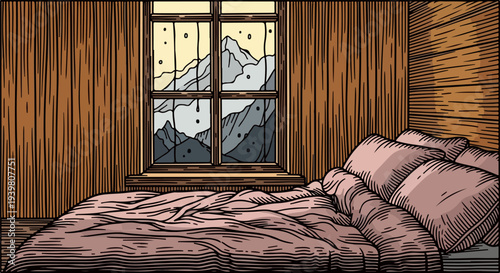 Wood paneled bedroom with bed pillows and mountain window illustration