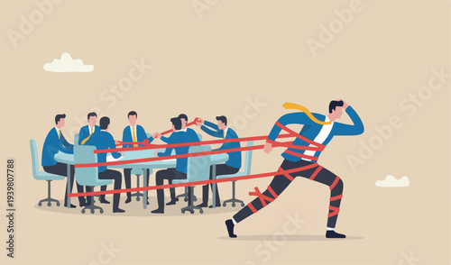 Business difficulty or struggle with career obstacle, limitation and trap or challenge success concept, businessman tied red tape team trying run with full effort.