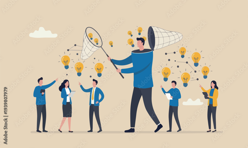 Obraz premium New creative, meeting teams innovation, development or learn skills concept, businessman open his head to using butterfly net to cat light bulb idea.