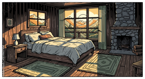 Rustic cabin bedroom with stone fireplace and mountain view windows