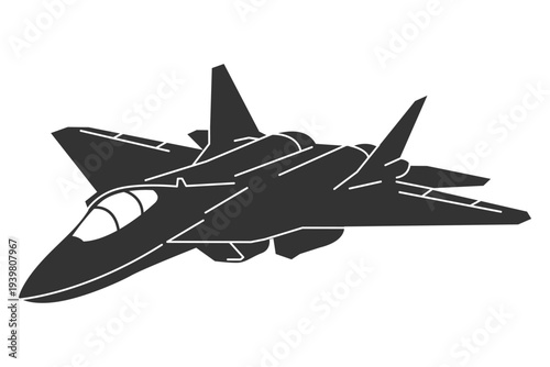 Isometric oblique silhouette SU-57 modern stealth fighter aircraft. Clean black and white vector illustration in minimalist monochrome style. Russia fifth generation fighter jet.