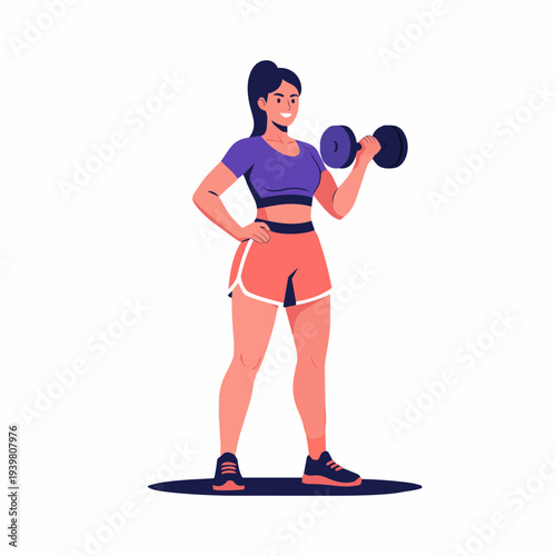 Fit young woman doing bicep curls with a dumbbell illustration, modern flat design for female weight training guides, home workout app icons, and athletic health blog headers.
