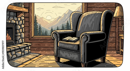 Armchair and open book near fireplace with mountain sunrise window