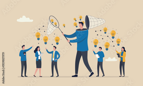 New creative, meeting teams innovation, development or learn skills concept, businessman open his head to using butterfly net to cat light bulb idea.