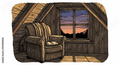 Attic armchair with open book and sunset window in wooden loft