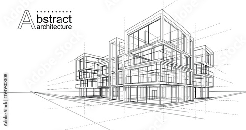 Professional black vector architecture wireframe of modern modular residential complex with cantilevered apartment blocks and glass facades