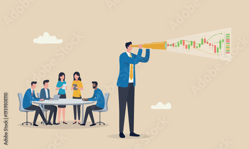  Investment meeting teams together investing opportunity profit from stock and crypto trading concept, businessman investor look on spyglass on trading candlestick chart