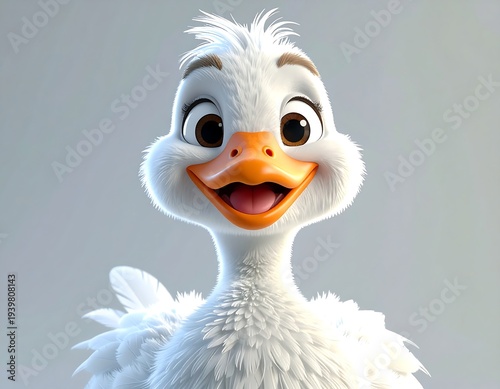 A close-up portrait of a friendly cartoon duckling. It's white and fluffy, featuring big brown eyes, orange beak, and happy expression