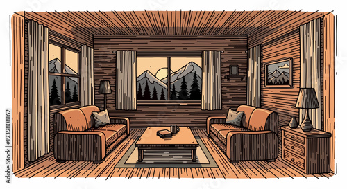 Wooden cabin living room with two sofas coffee table and mountain view windows