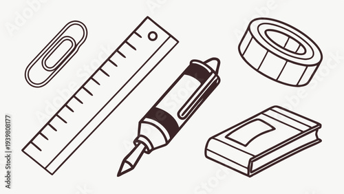 Outline Drawing School Supplies Ruler Paperclip Marker Tape Book for Education Design Projects and Student Learning Resources