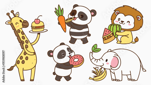 Cute Cartoon Animals Eating Happy Treats Giraffe Panda Lion Elephant Illustration for Kids Food Education Design