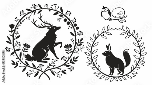 Rustic Woodland Animals Deer Fox Hare Laurel Wreath Vector Design for Invitations Crafts Branding Logos