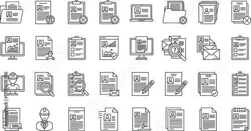 Professional human resources icon set featuring resumes curriculum vitae job applications recruitment symbols and corporate hiring documents